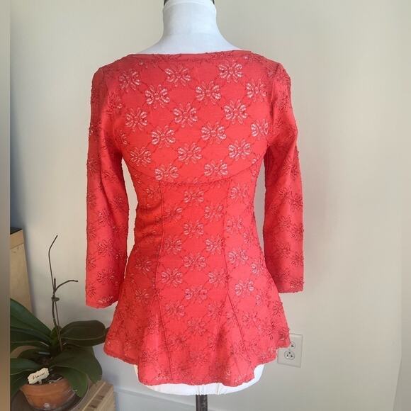 FREE PEOPLE ORANGE DAISY LACE PELAM SHIRT 3/4 SLEEVE SIZE S - Picture 4 of 7